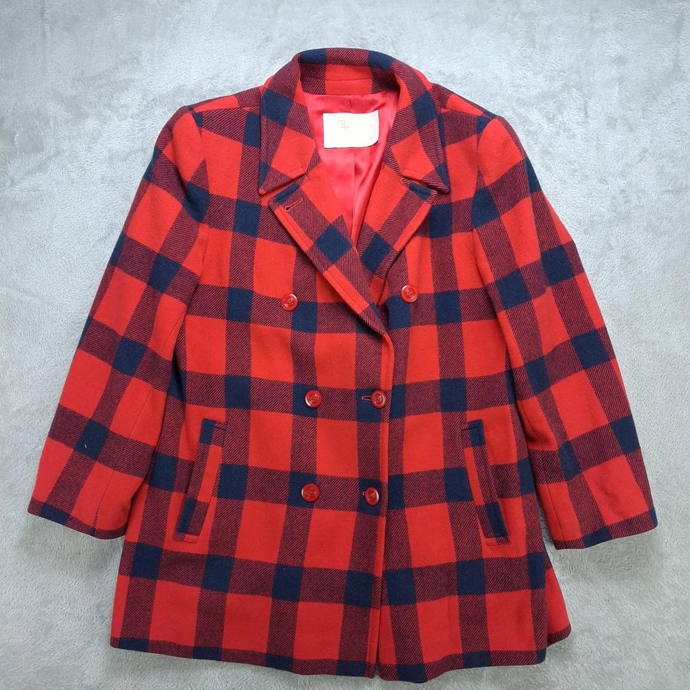 Vintage Pendleton Women Wool Peacoat 16 Red Navy Buffalo Plaid USA Made Coat